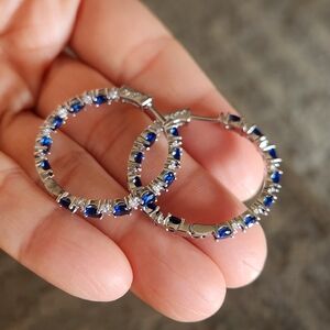 New 925 Silver Blue Sapphire Diamond Double Side Hoop Earrings for Women